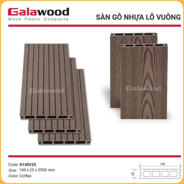 Sàn Gỗ Nhựa Ngoài Trời Galawood Lỗ Vuông G140V25